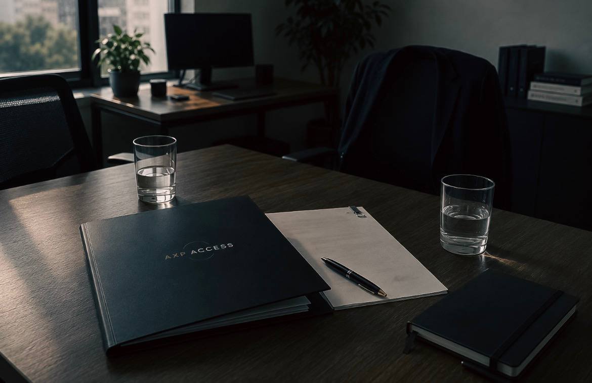 Mesa preparada para la evaluación y formalización de AXP ACCESS