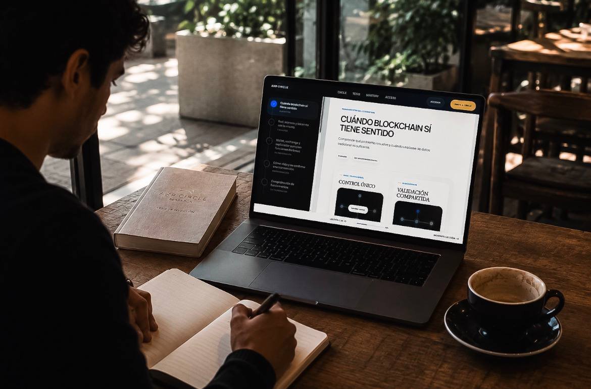 Miembro estudiando una lección de AXP MASTERY en una computadora portátil y tomando notas.